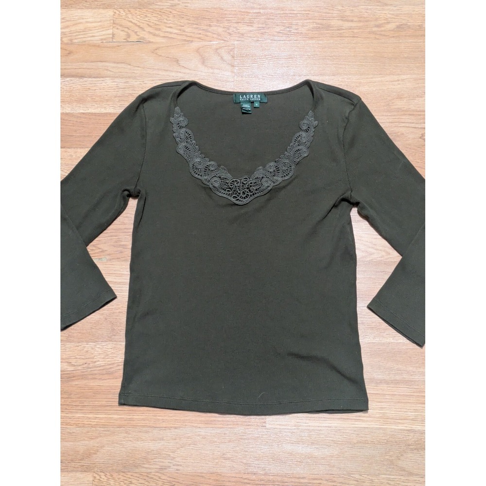Lauren Ralph Lauren Women's Long Sleeve Pullover Casual Blouse, Green, M